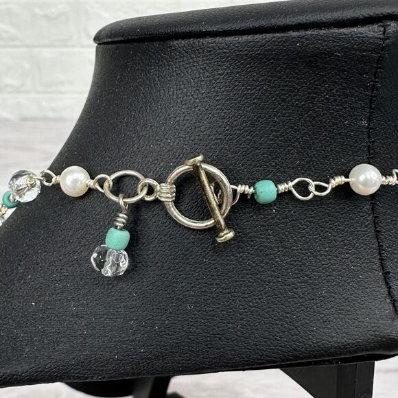 Handcrafted Necklace w/ Clear Quarts Crystal Amazonite Beads Pearl Toggle Clasp - Picture 3 of 6